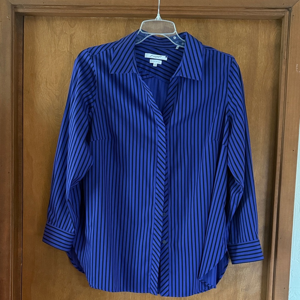 Foxcroft Purple Black 14W Shaped Striped Button Down Shirt